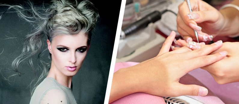 Split image showing Hair Design and and a Nail Technician working on a client's nails during the Program