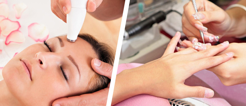 Split image showing both skin treatments and nail care during the Esthetics and Nail Technology Program at Beau Monde